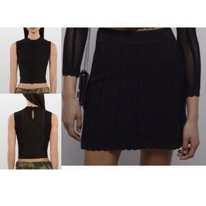 NWT The Kooples Set Openwork Knit Tank & Short Knit Skirt Scallop in Black